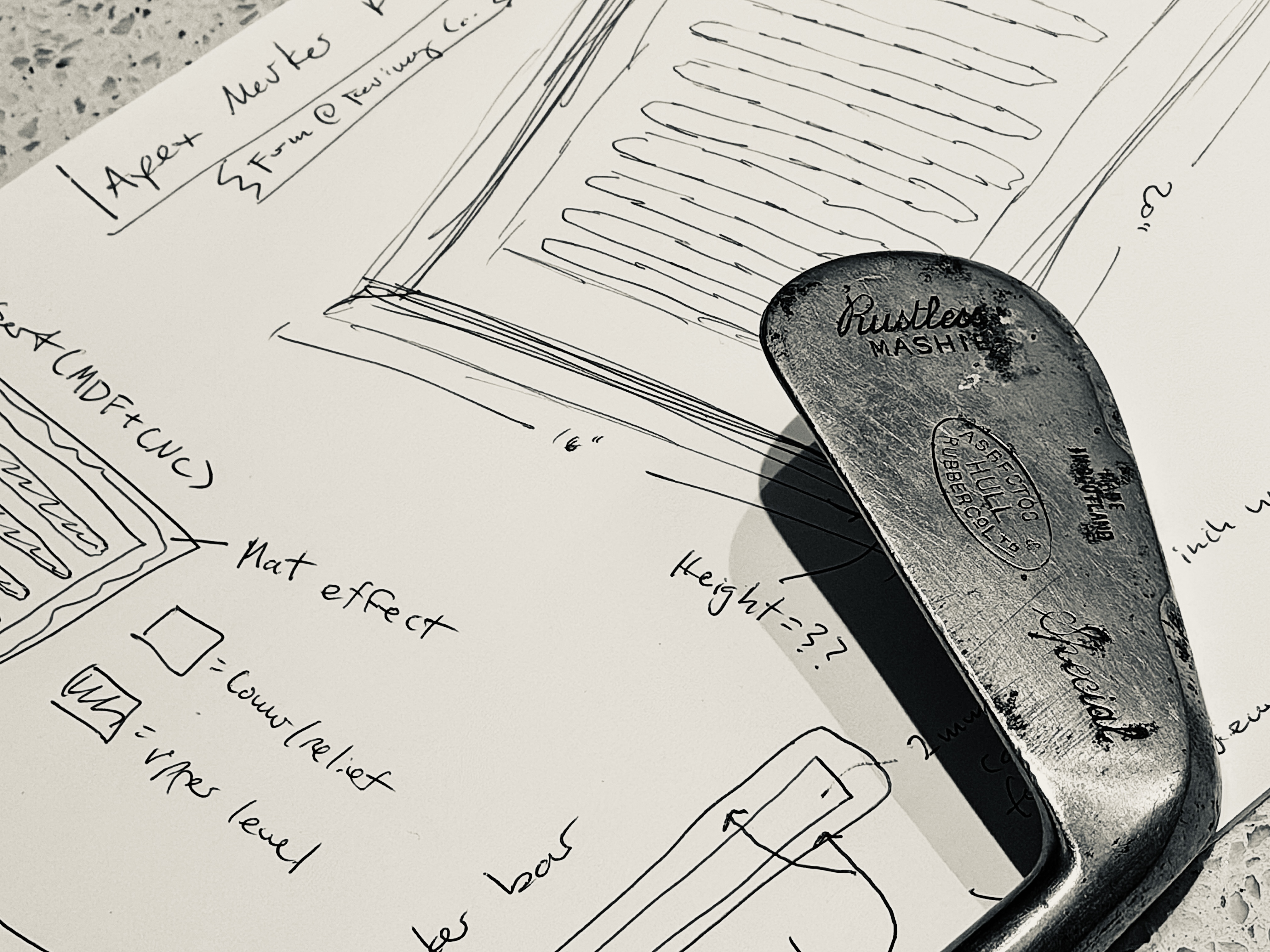 Hand-drawn sketches and design notes with vintage golf club