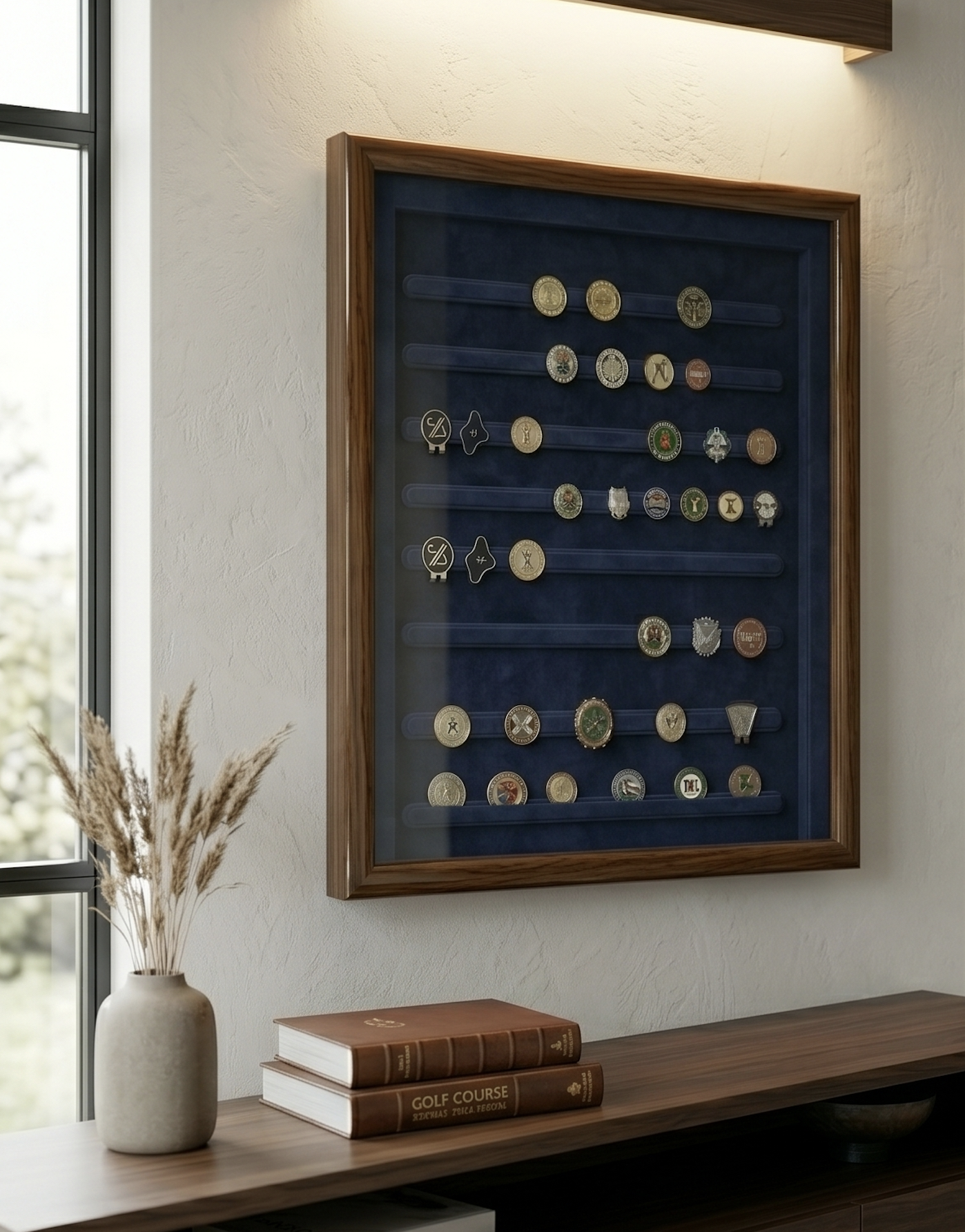 Premium walnut wood golf ball marker display case with navy velvet interior